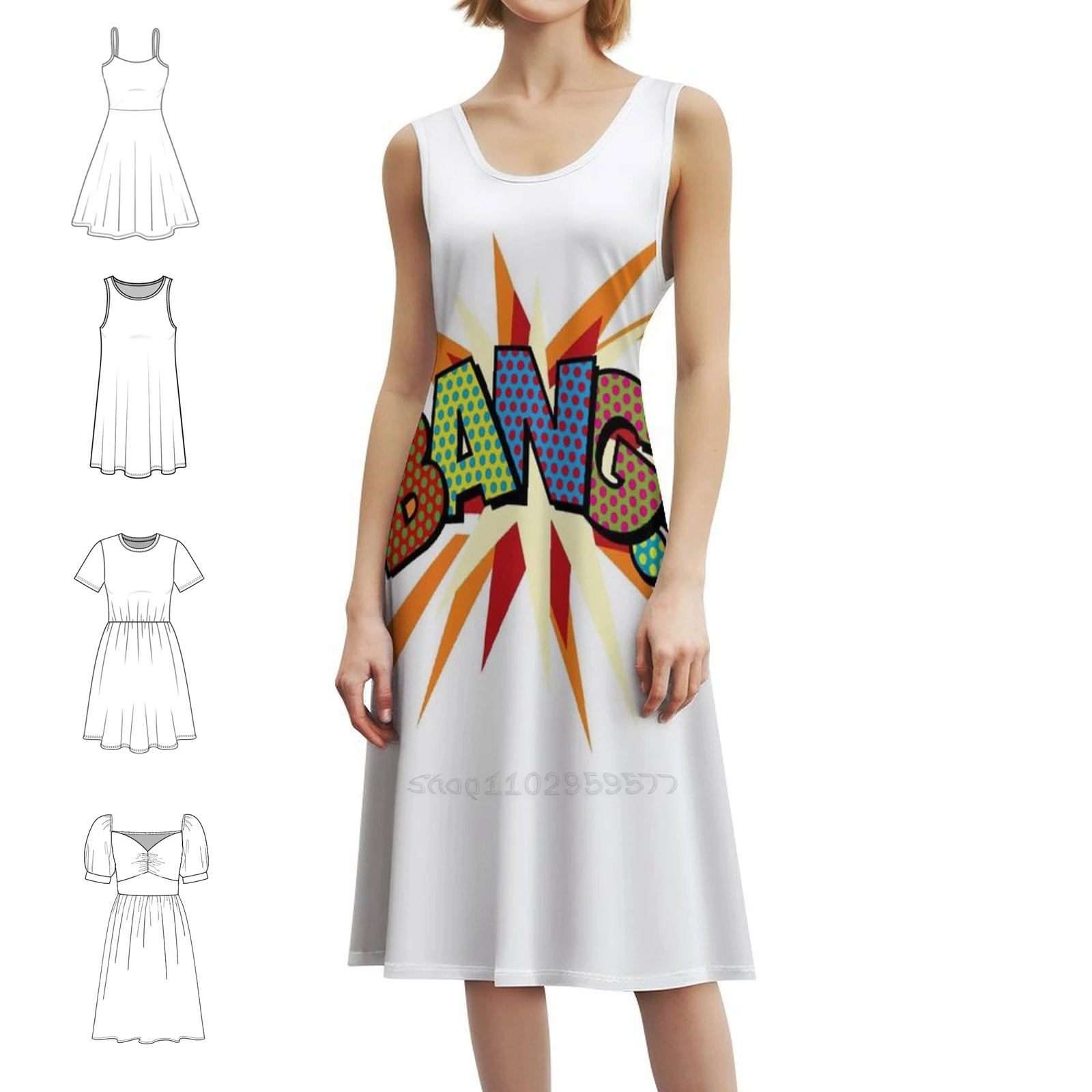 

Bang Comic Book Sans Flash Красочное поп-арт Модное забавное платье с цветочным принтом для женщин Весна Лето Повседневное платье для вечеринки с челкой