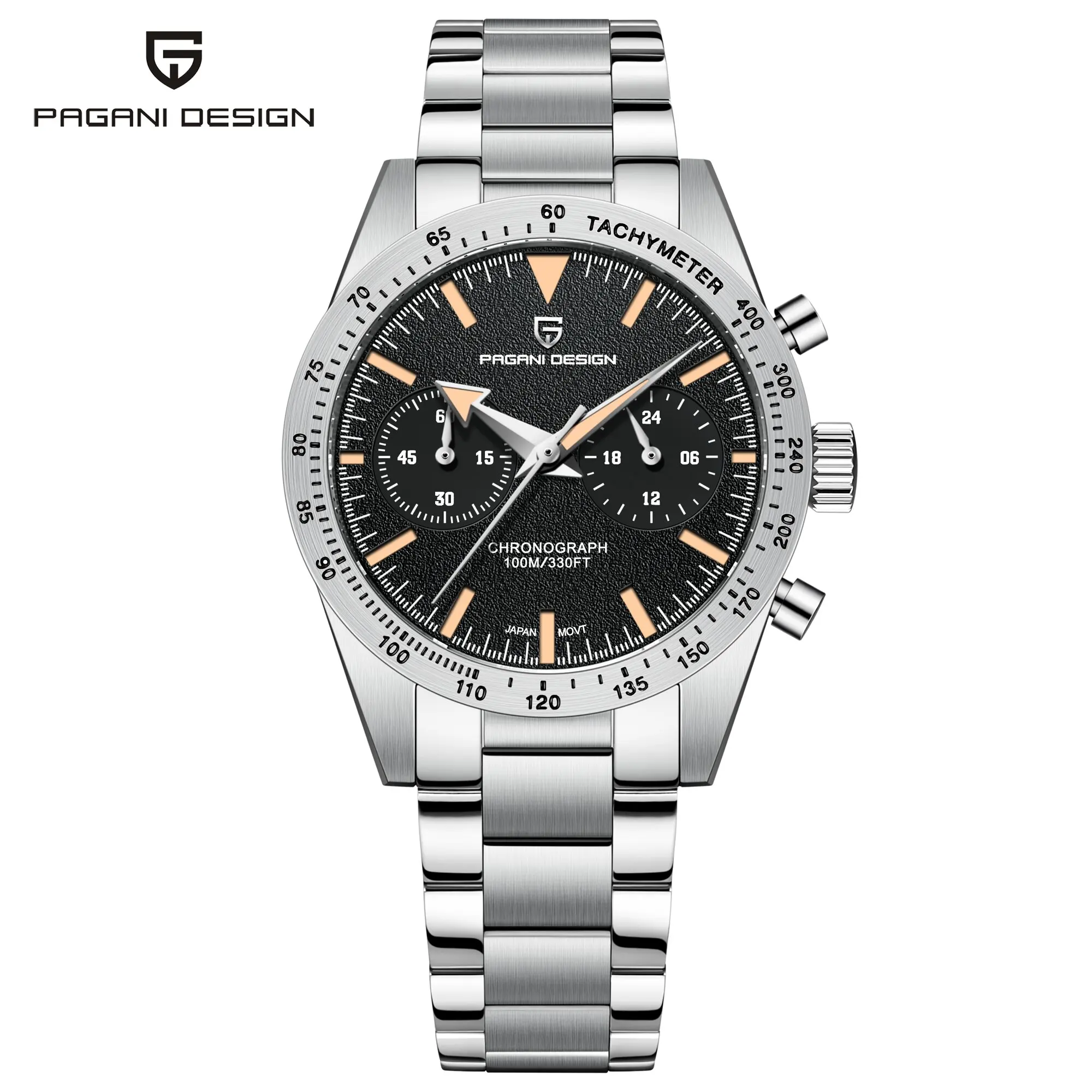 PAGANI DESIGN Chic Luxe heren quartzhorloge Urban Elegance Saffierglas AR roestvrij staal 10Bar Duiken Lichtgevende chronograaf