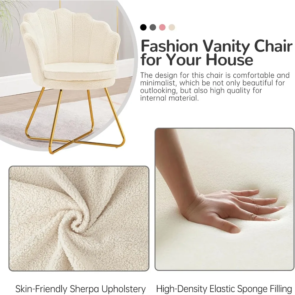 Vanity Chair with Back, Upholstered Accent Chair for Living Room, Makeup Chair for Bedroom Sherpa ArmChairs Home Office Desk Ch