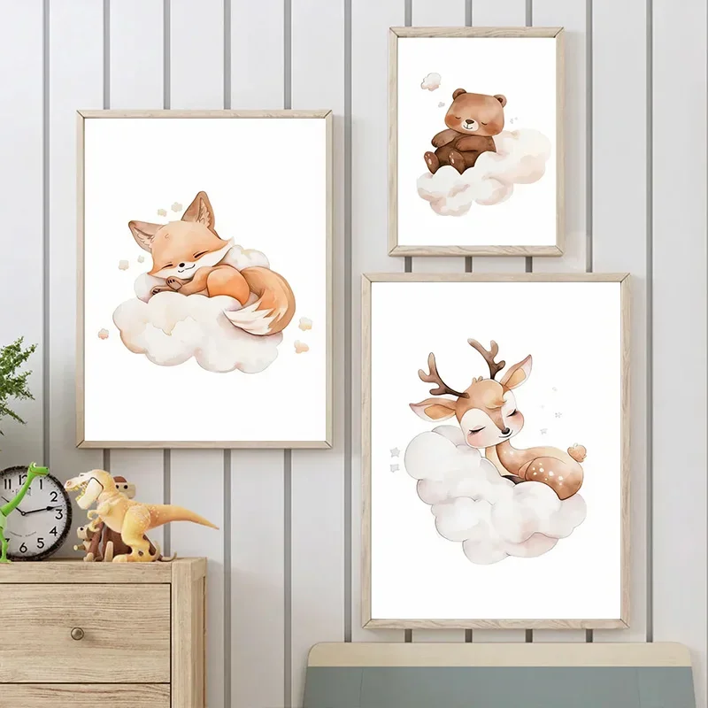 Pintura en lienzo de animales de nube bonita de bebé de dibujos animados, mapache, zorro, ciervo, póster artístico de pared para niños, imagen de guardería, Mural de decoración para habitación de bebé