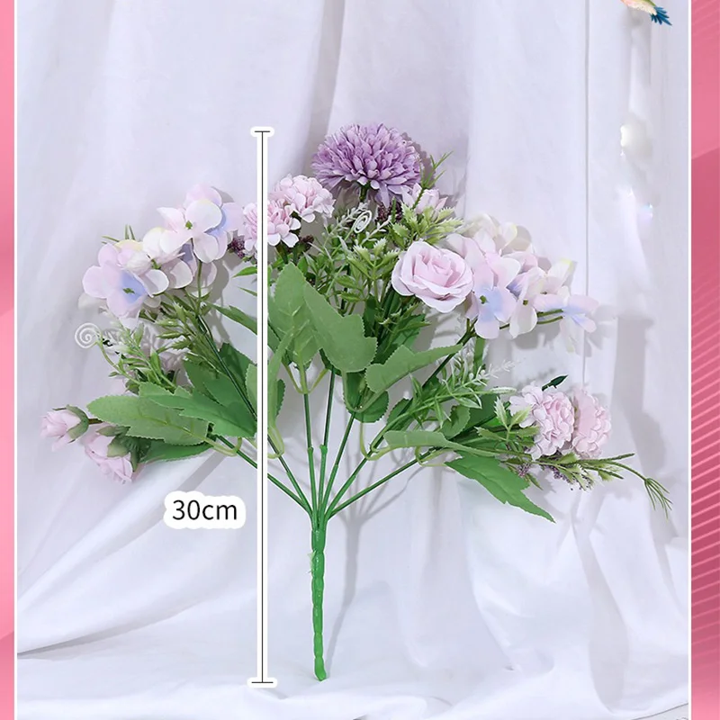 Artificial Flowers Rose Wedding Bouquet Fake Hydrangea Chrysanthemum Ball Flowers Bunch for Wedding Home Decoration Centerpieces