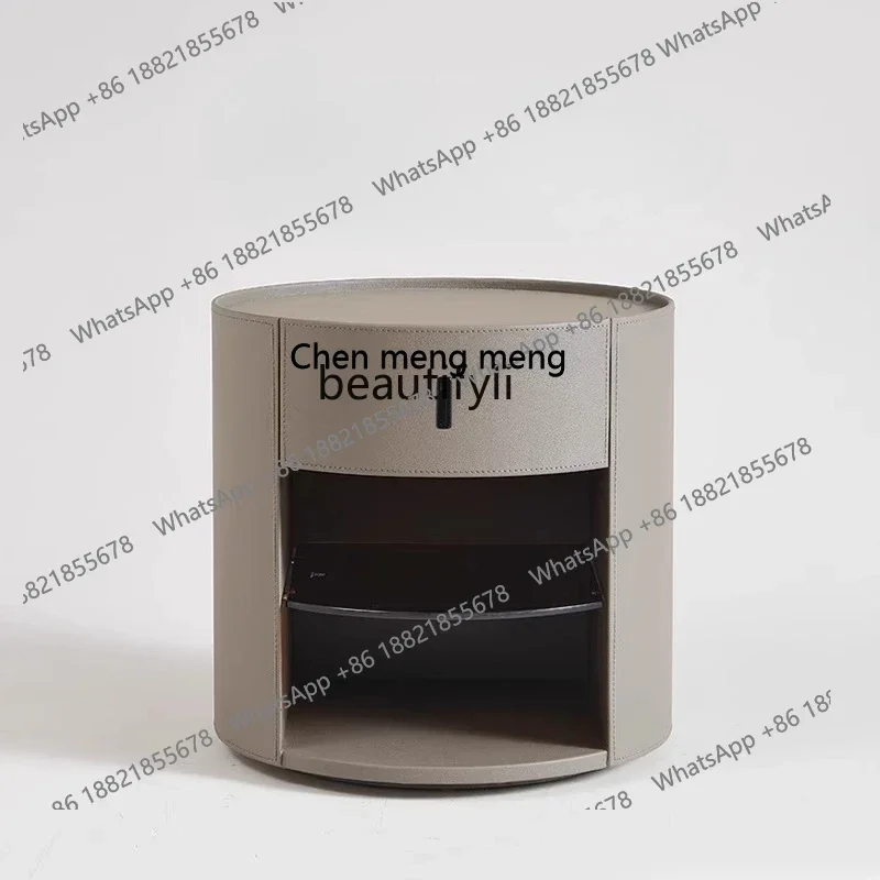 cc182Italian minimalist round bedside saddle leather bedroom storage creative storage side cabinet R