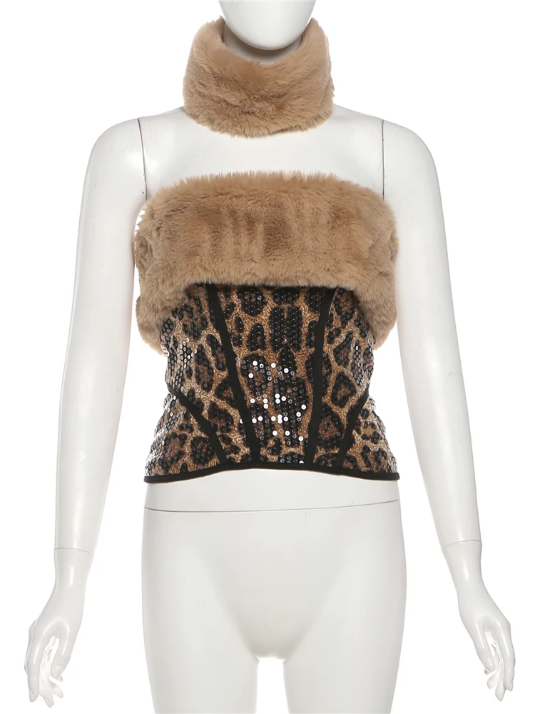 Cutenew Sexy Pelzigen Patchwork 2-teiliges Set Frauen Wilden Kokette Leopard Pailletten Weste + Bandagen Rock Mode Dünne Party Clubwear
