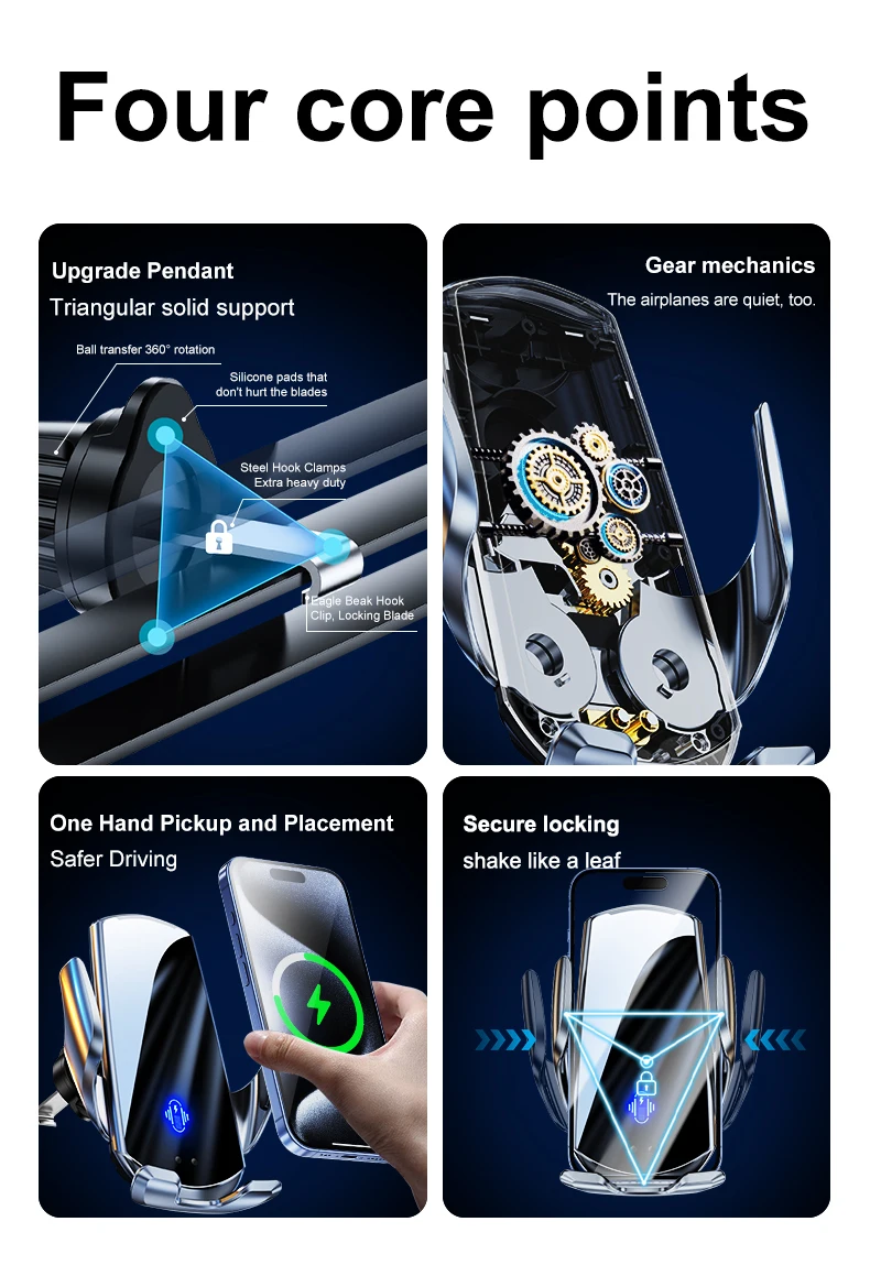 15W Auto-Sensing Wireless Charger - Fast Charging, LED Indicator, Universal Phone Compatibility, Secure Car Mount