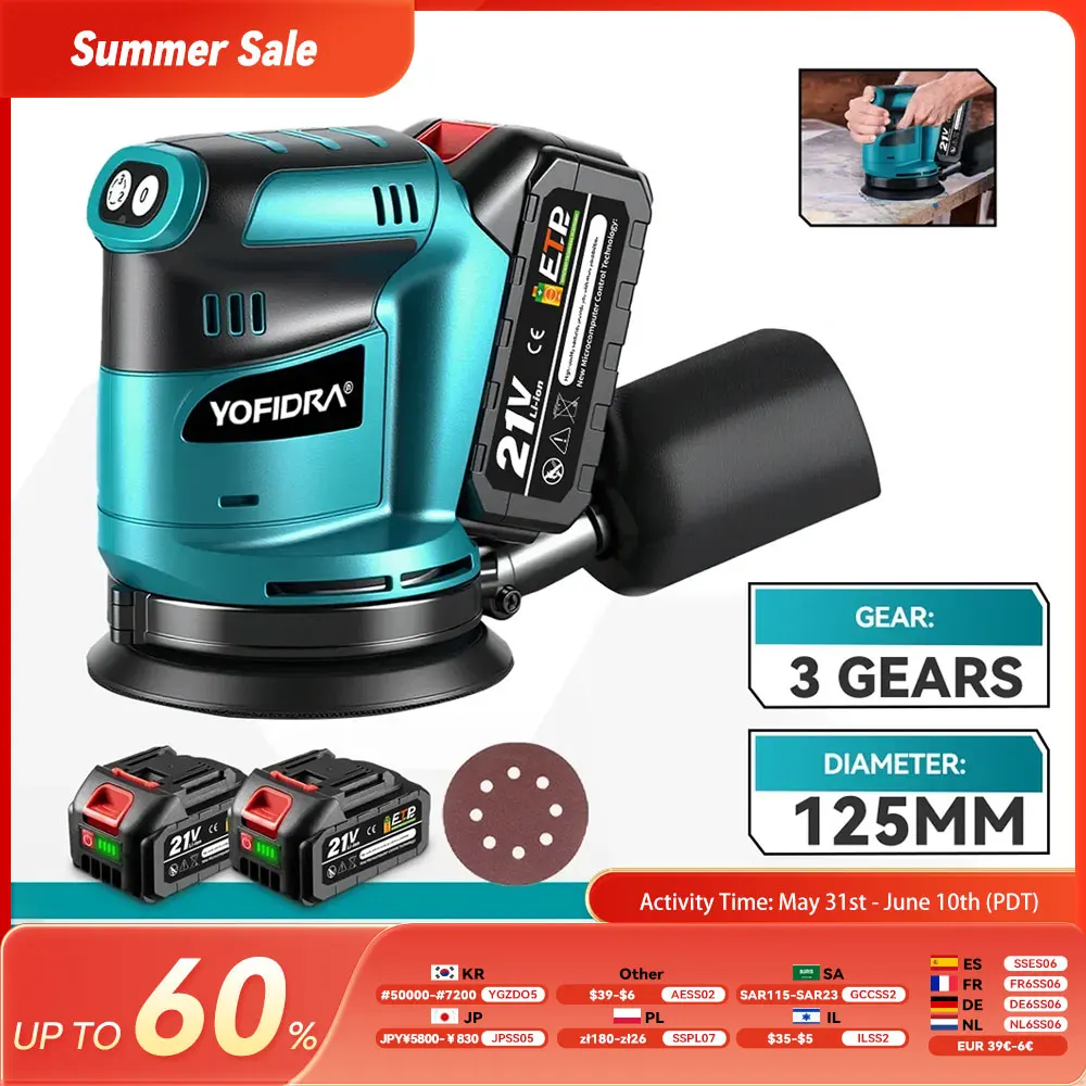 Ponceuse orbitale sans fil YOFIDRA, meuleuse à bois, polisseuse de voiture, machine à poncer et à polir les métaux, compatible avec batterie Makita 21V.