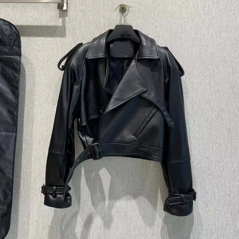 Chaqueta de cuero genuino de lujo para mujer, abrigo de longitud corta con cuello vuelto, ropa con cinturón, primavera y otoño, 2023