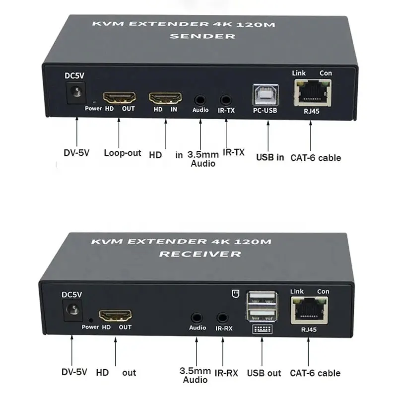 120M KVM 4K HDTV   HDMI-Compatible USB-A Keyboard and Mouse 3.5mm AUX Aluminium Alloy Over CAT6 RJ45 Lan Ethernet Extender