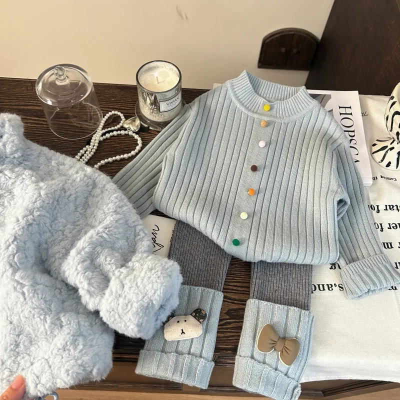 

Children's Girl Winter Two-piece Set Colorful Button Thick Warm Kids Baby Girls Sweater+cartoon Appliques Toddler Girls Leggings