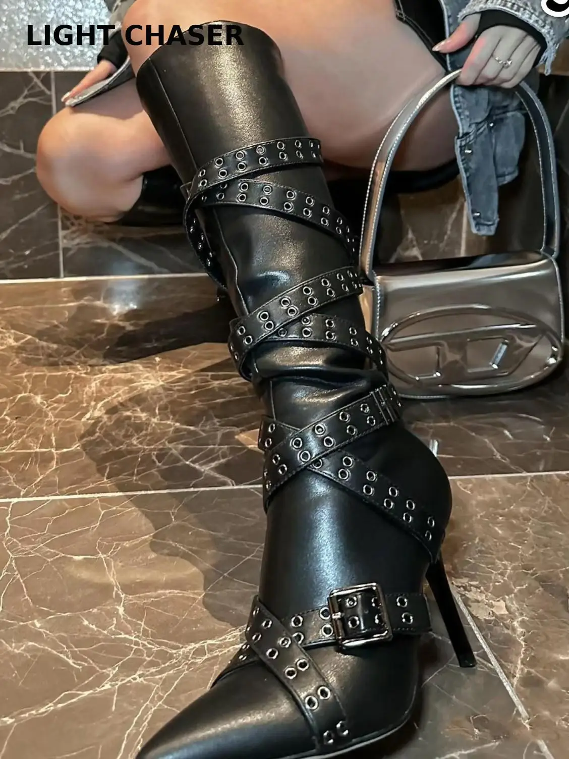 

Winter Vintage Strap Skinny Heel Pointed Motorcycle Boots Knight's Studded High Heel Boots Over The Knee Fashion Women's Boots