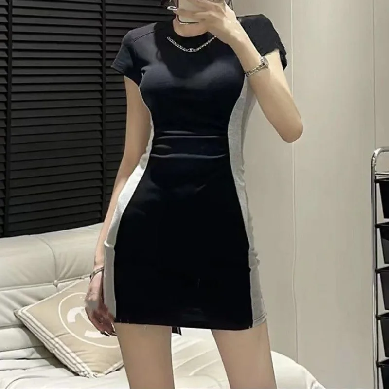 Korean Visual Slim Waist Dress Women Niche Retro Chain Splicing Side Slit Dresses New Spicy Girl Pure Desire Wrapped Hip Skirt