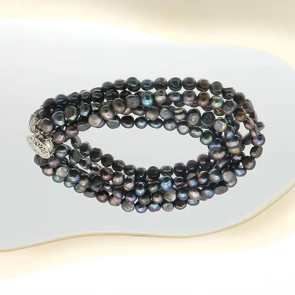 

Multi-strand Irregular Pearl Beaded Bracelet 5-6mm Black Baroque Pearl Luxury Style Jewelry Gift For Halloween Wear Accessories