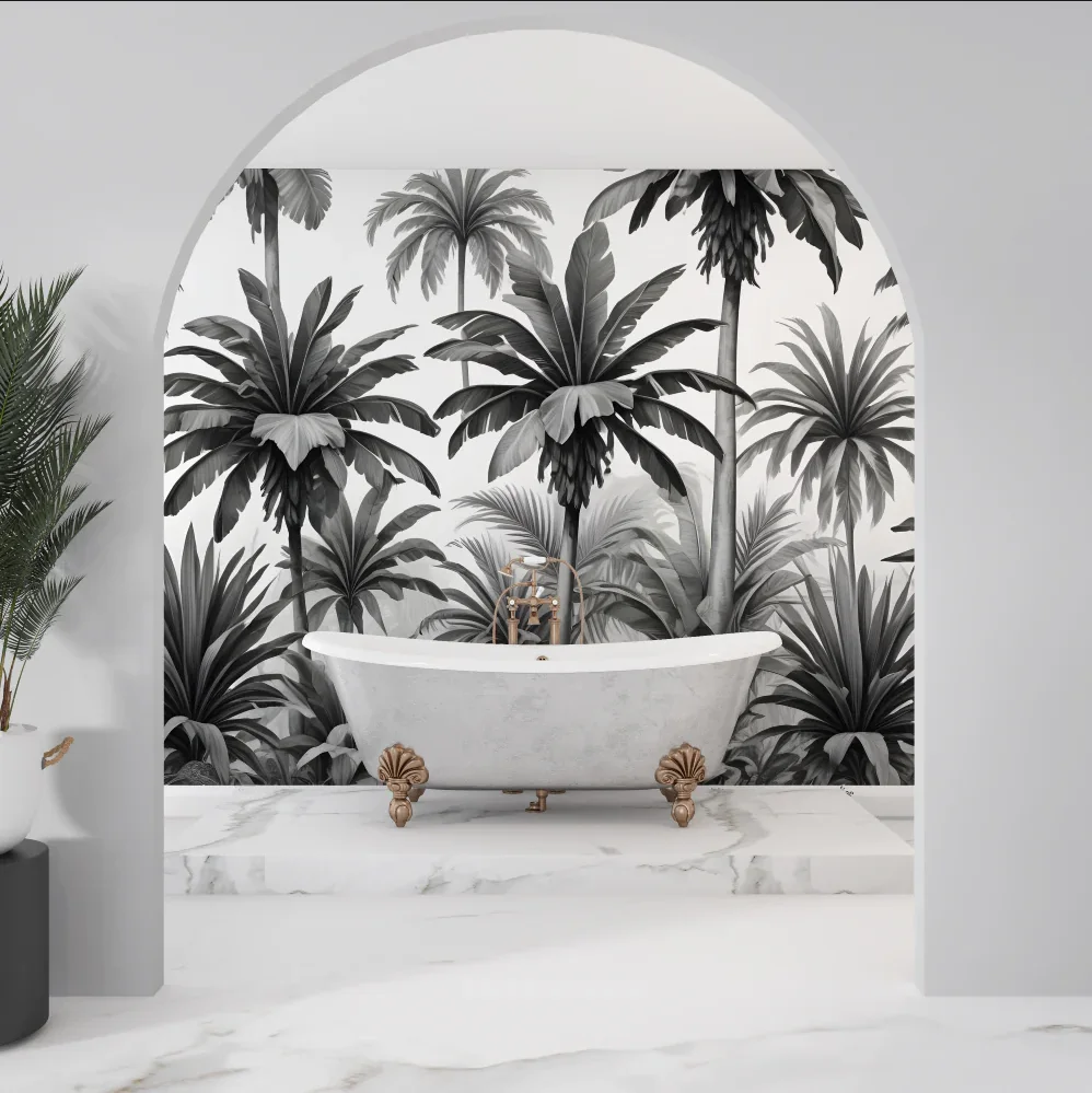 

Custom sized murals featuring tropical plants, animals black and white palm leaves banana trees primitive forests rivers mural