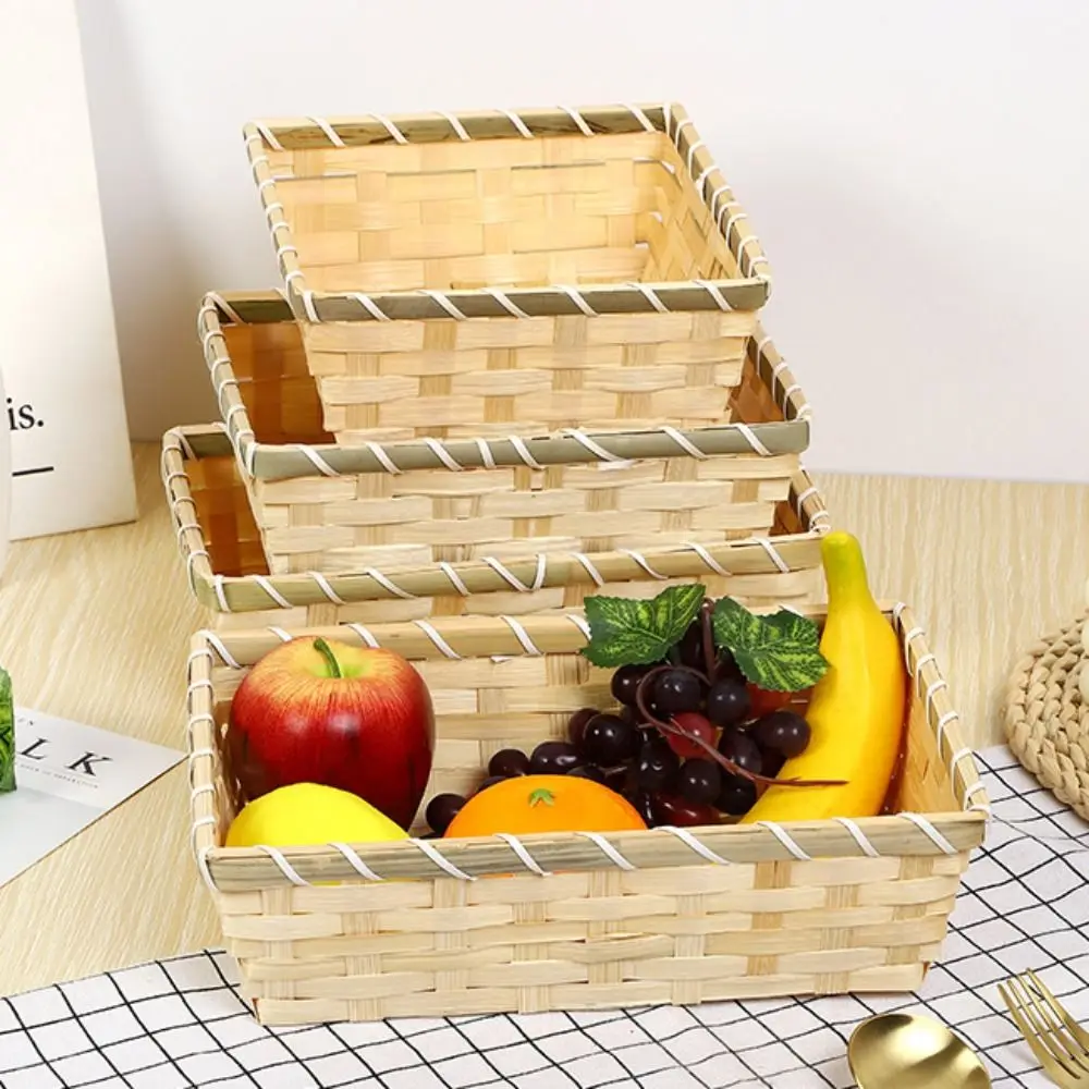 

Simple Natural Color Bamboo Basket Rectangle Handmade Christmas Hamper Woven Square Bamboo Basket Home Shop Display