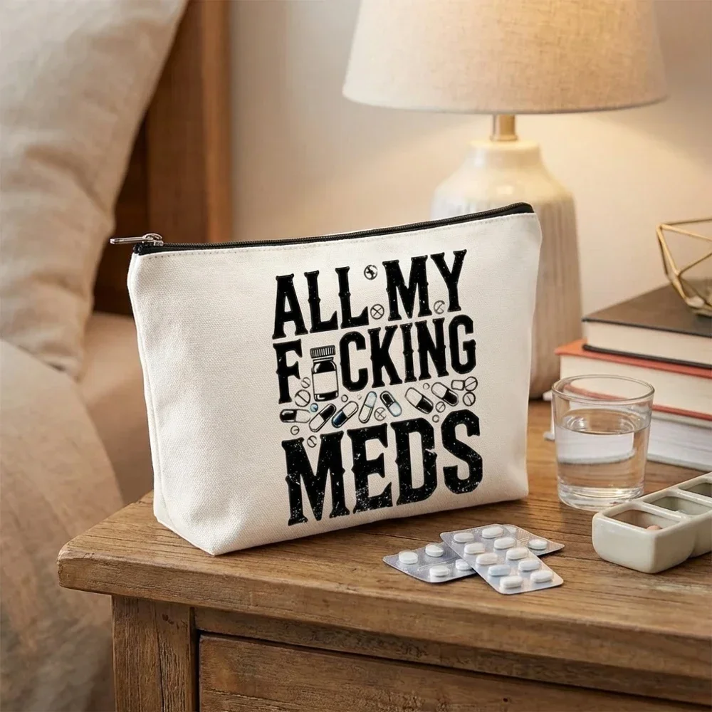 Canvas Meds Print Zipper Pouch Portable Travel Cosmetic Organizer Durable Makeup Bag Multipurpose Storage Pouch For Daily Use Tr