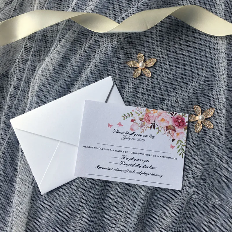 50pcs Personalized Print Pearly RSVP Card Wedding Invitation 9x12cm Mini Reception Reply Wishing Well Thank You Cards IC101