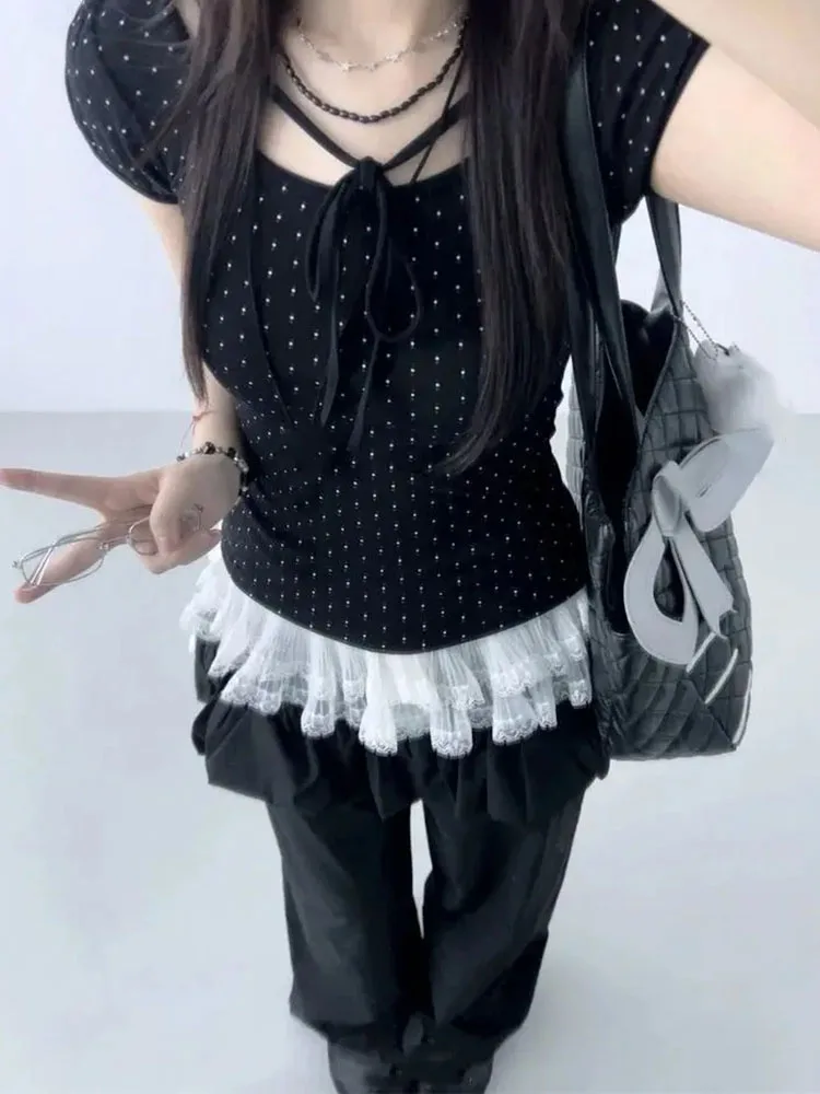 Black Polka Dot Short Sleeve T-shirts Women Halter Lace Up Slim Waist Crop Top Summer Simple Sweet Spicy Girl Y2k Tees