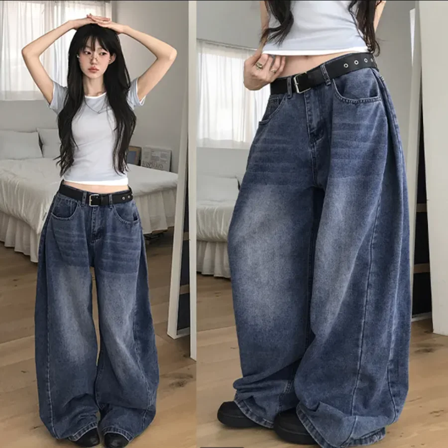Washed Patchwork Side Pleated Wide Leg Denim Jeans Casual Style High Waist Long Pants Blue Cotton 100% No Stretch