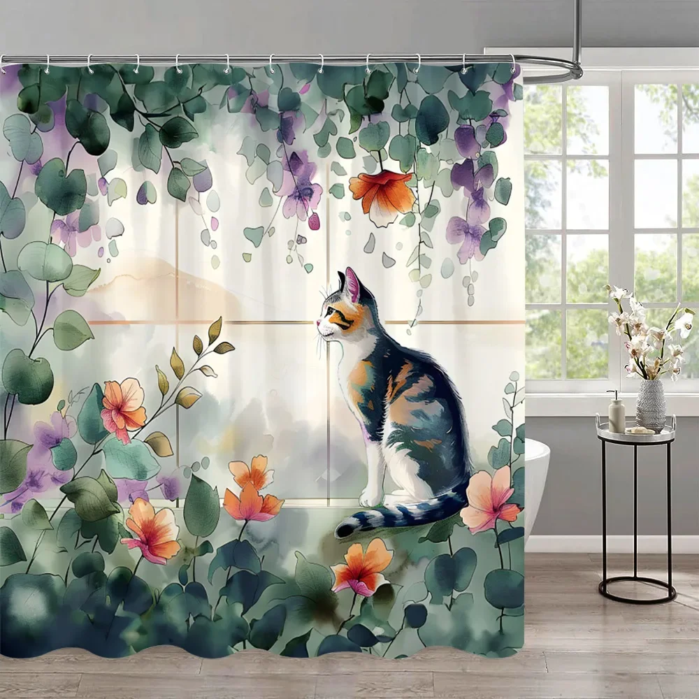 Funny Cat Children's Shower Curtain Colourful Cartoon Patterns Children's Room Curtains Bathroom Decor Accessories With Hooks