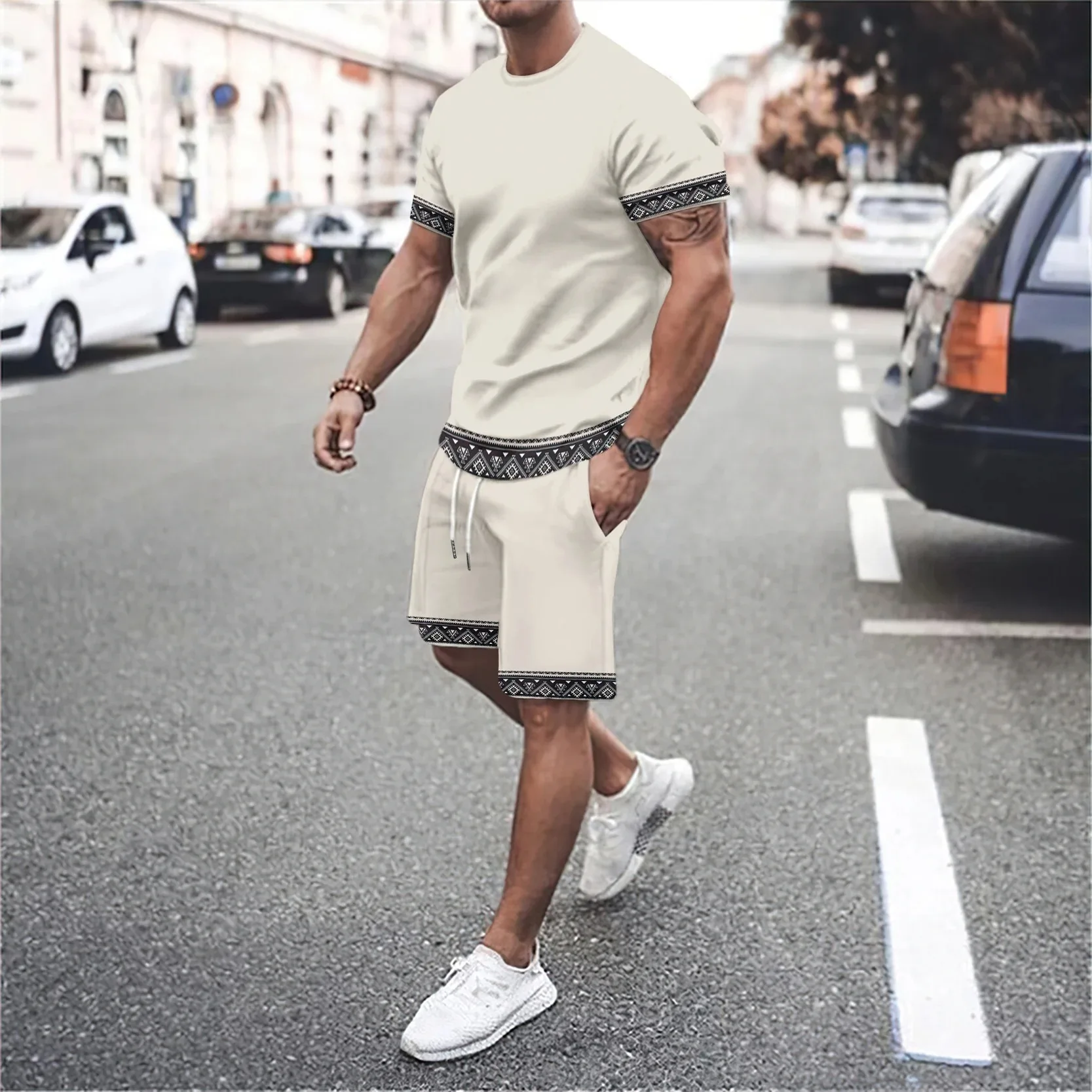 2024 Men\'s Tshirt Set 3D Print Solid Color vocation  Men  Round Neck T-Shirt Shorts Two Piece Set Casual Man Suits Clothing