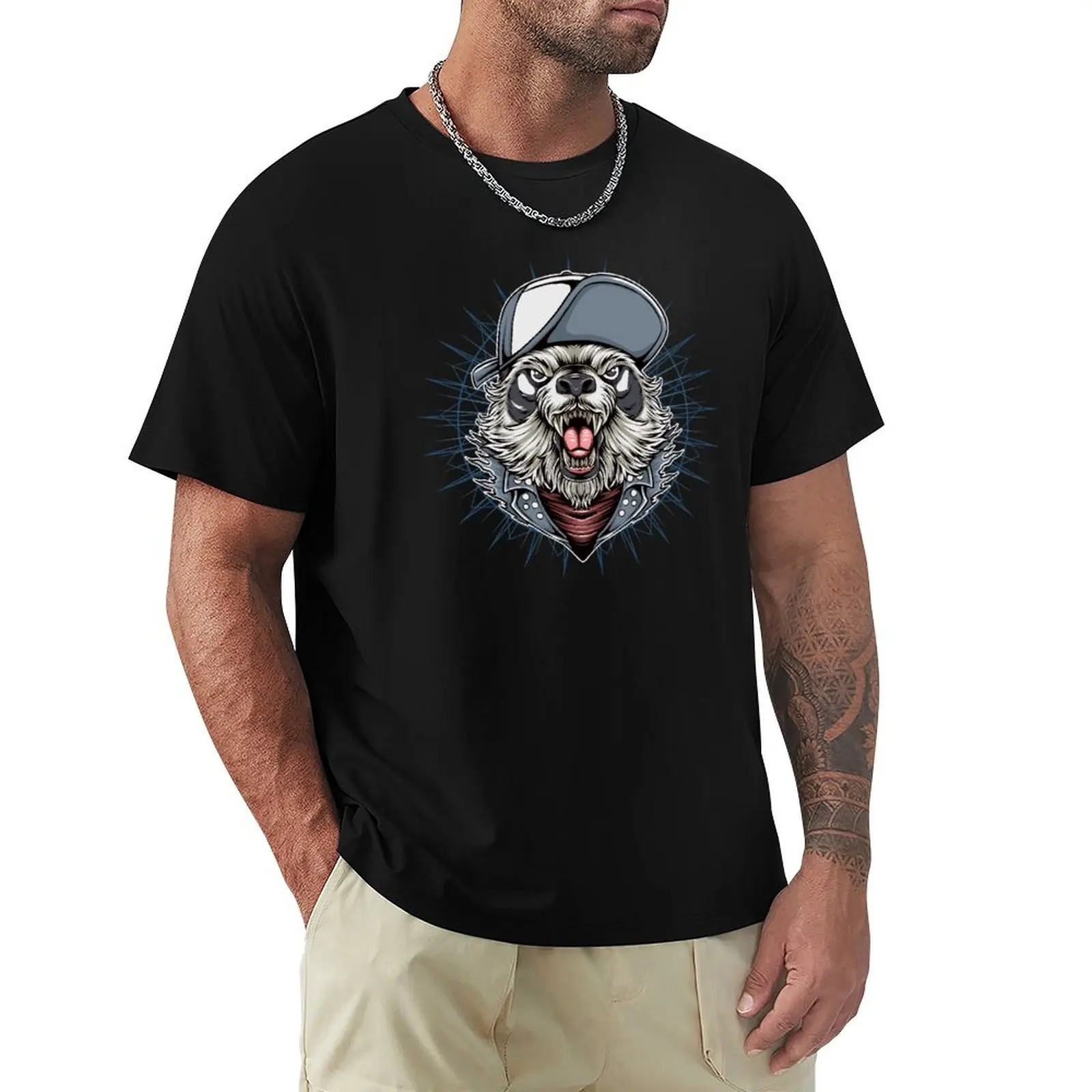 panda punker band, panda wearing trucker hat, panda head T-shirt tees graphics quick-drying workout shirts for men