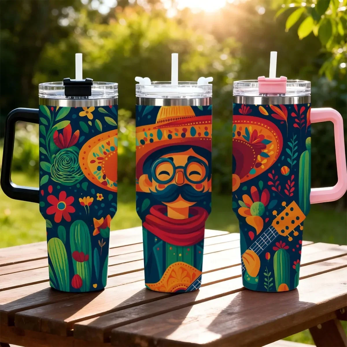 40oz Tumbler with Handle Mexican Man Cartoon Print Insulated Cup, Other Colors Out of Stock, Random Black‑White Shipment