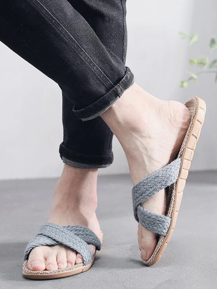

Cotton Linen Slippers Breathable Thi Bot Floor Slippers for Couples Home Wear Casual Sle Open Toe Slip-On oes
