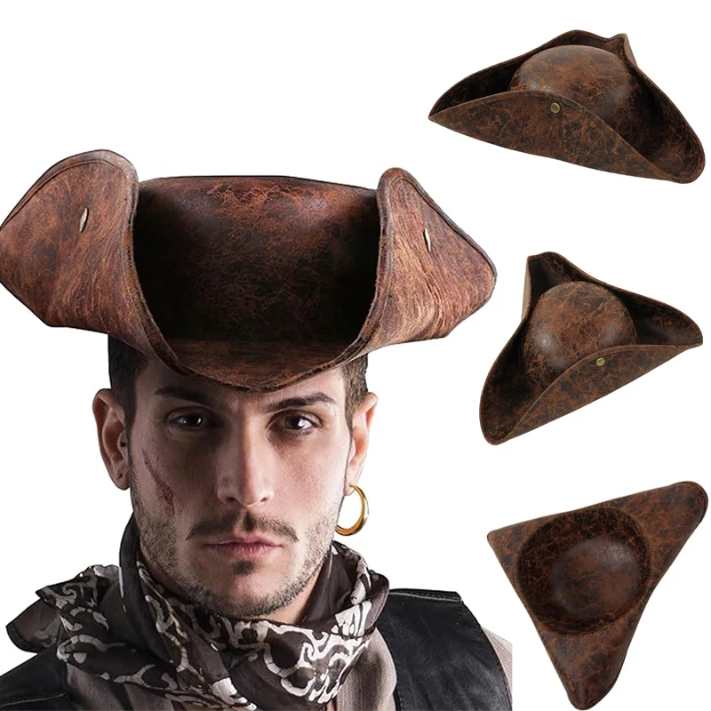 Adult Caribbean Pirates Cosplay PU Leather Hat Medieval Vintage Brown Tricorn Pirate Hat Halloween Masquerade Party Costume Hats