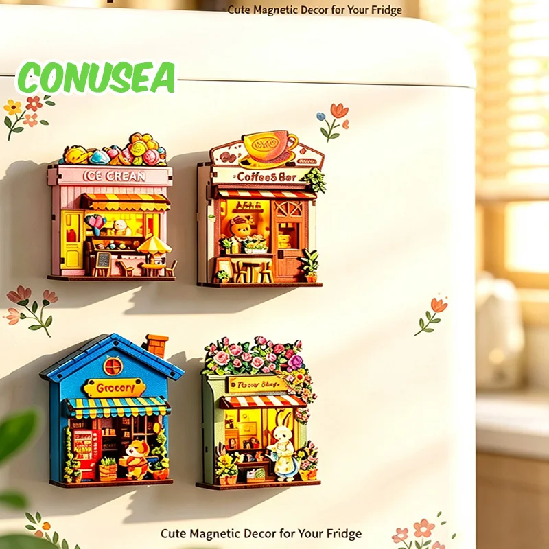 Diy Miniature House Flower Coffee Grocery Shop Wooden Assembly Model Kits Handmade Refrigerator Sticker Birthday Gifts Adults