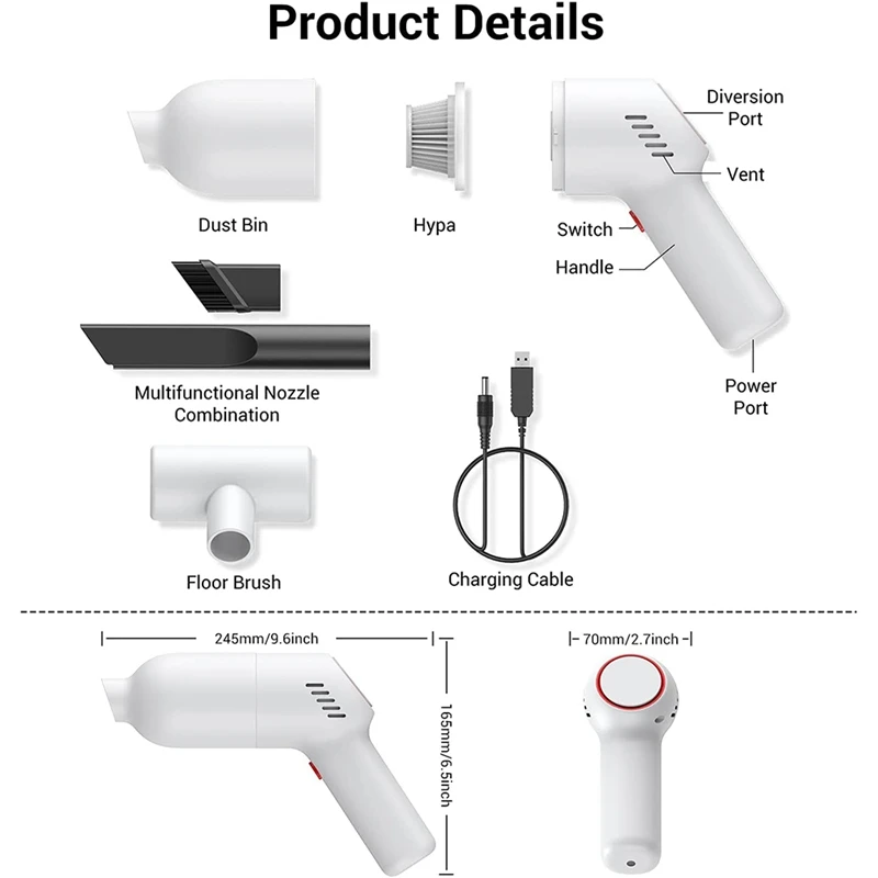 Miniaspiradora de mano inalámbrica para coche, aspirador portátil de 8000Pa, recargable, con fuerte succión, en seco y húmedo