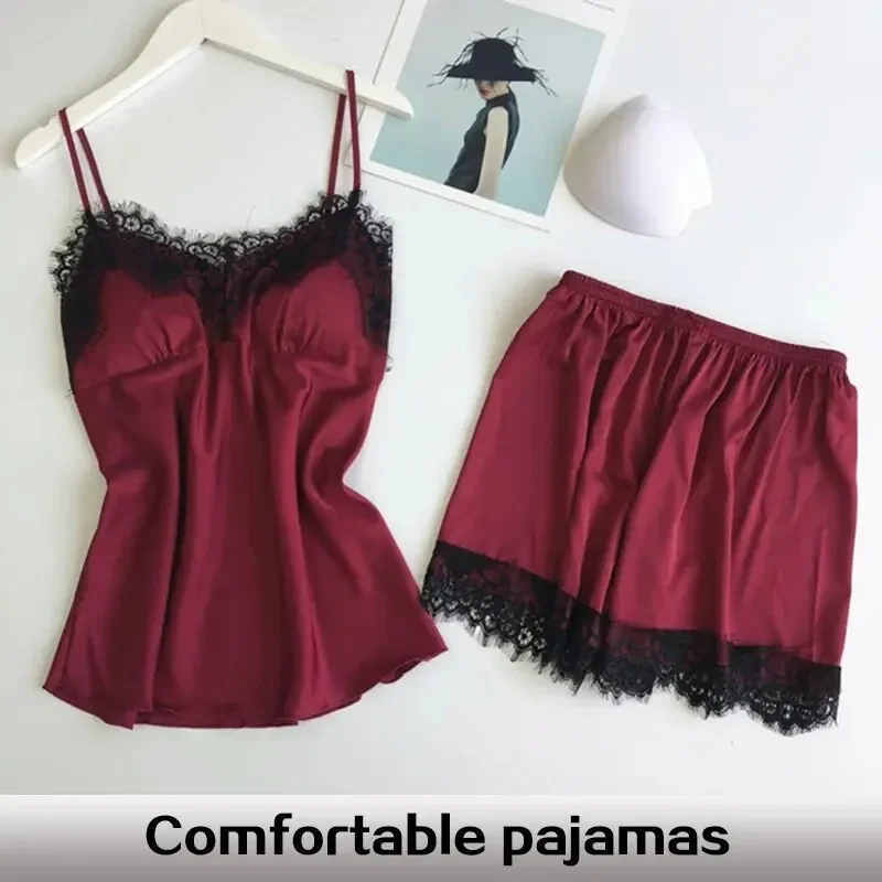 Two PCS New Summer Women\'s V-Neck Sexy Lace Pajama Set Women\'s Sexy Lace Suspender Top and Shorts Casual Home Pajamas