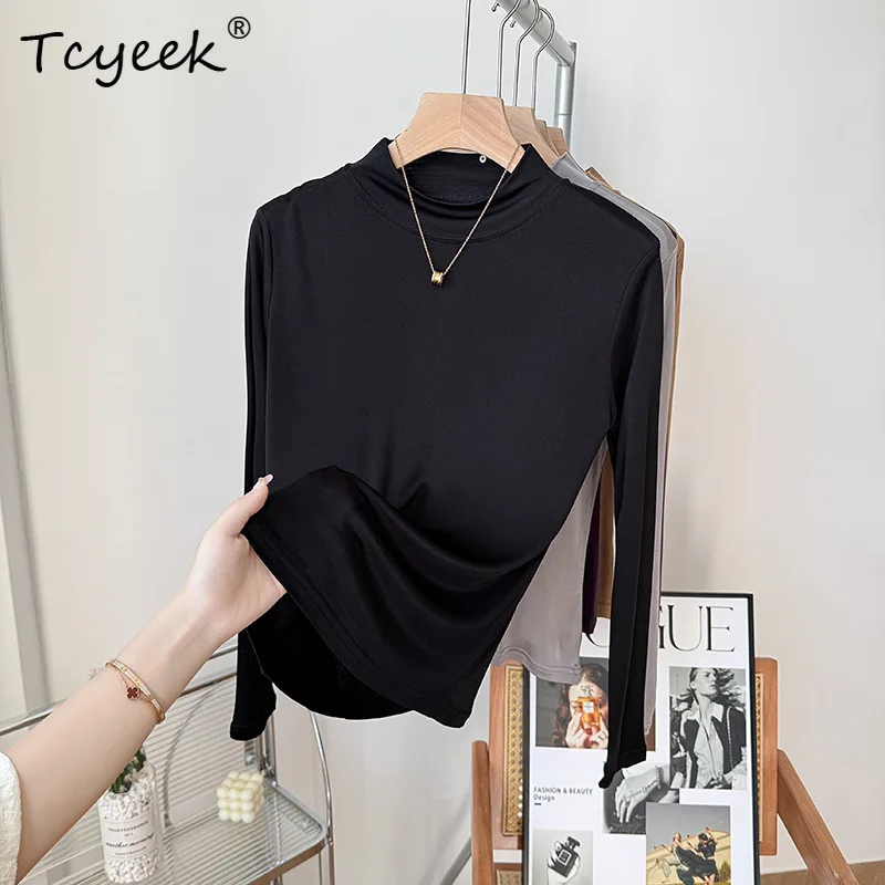 تي شيرت Tcyeek-Elegant Knit للنساء، حرير طبيعي 100%، كم طويل، رقبة وهمية، قميص مكتب للتنقل، خريف وشتاء T40408QM