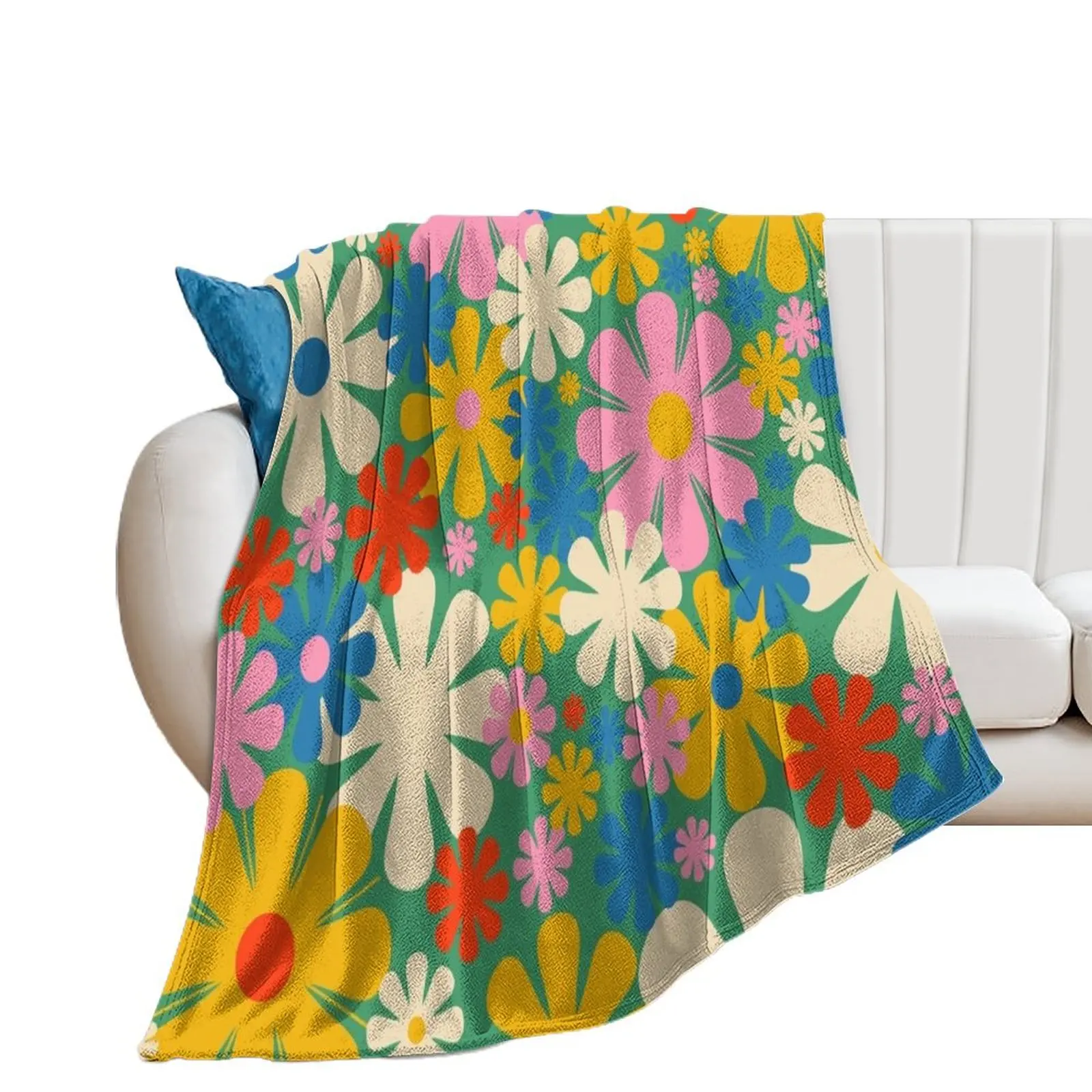 Retro Flowers 60s 70s Aesthetic Colorful Floral Pattern in Pop Green Blue Pink Red Mustard Yellow Cream Throw Blanket