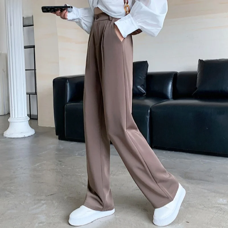 

Женские брюки с высокой талией и драпировкой, весенне-осенние, новый дизайн, универсальные, широкие, длинные, асимметричные, в корейском стиле