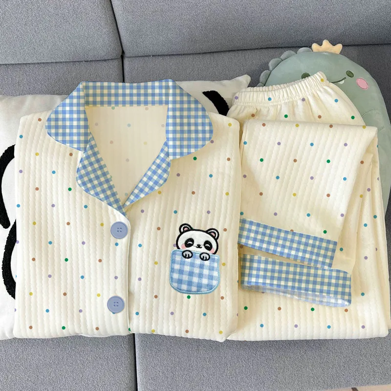 

Женские осенне-зимние пижамы, одежда для сна с длинными рукавами и лацканами в горошек, домашняя одежда с рисунком панды, женские повседневные комплекты одежды, одежда для дома