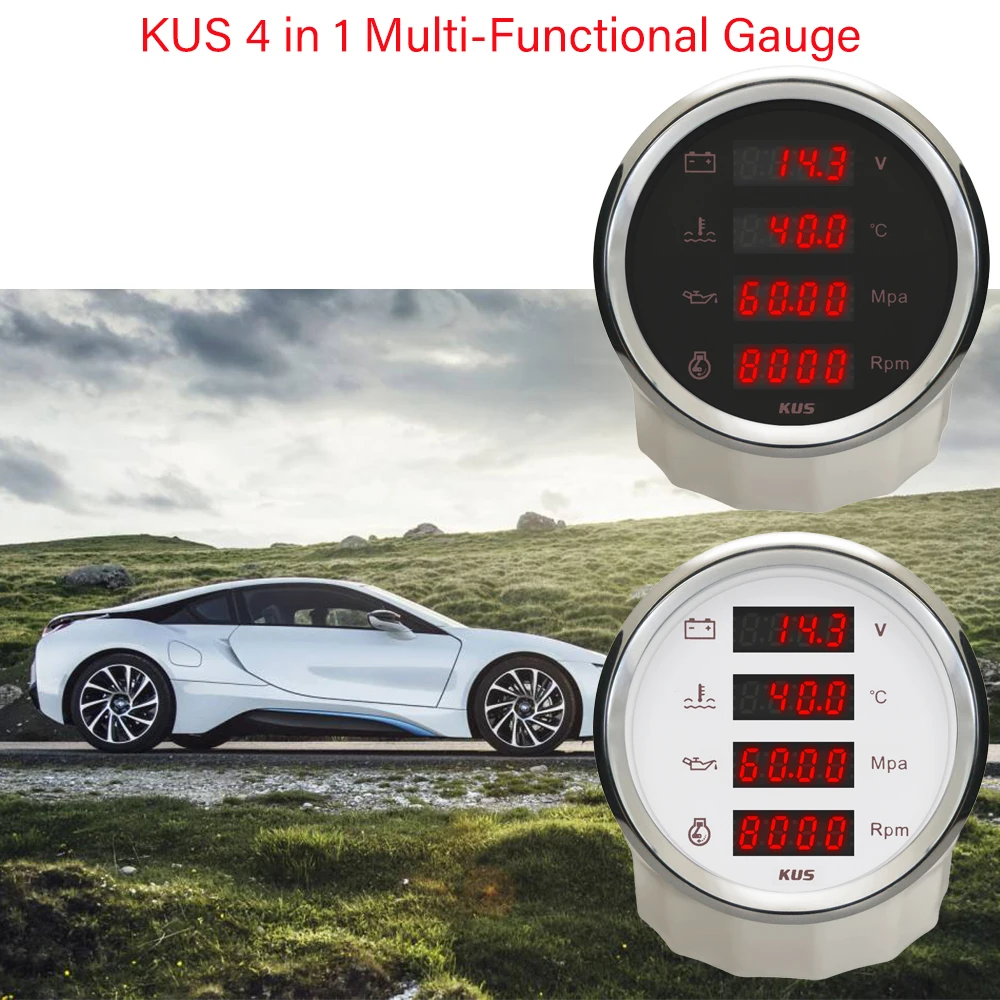

KUS 85 мм цифровой 4 в 1 многофункциональный тахометр 8000 об/мин температура воды давление масла 0-1 МПа вольтметр красная/желтая подсветка 9-32 В