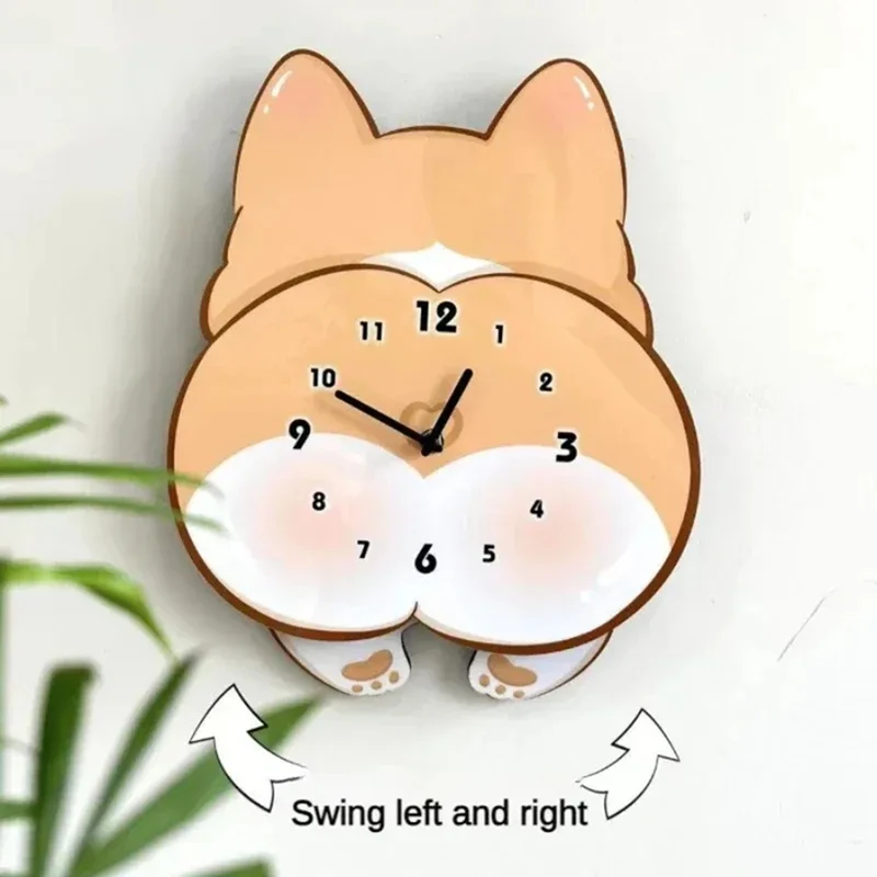 ABRE-Cartoon Dog Corgi ساعة هزازة للغرفة وغرفة النوم ساعة حائط صامتة لطيفة