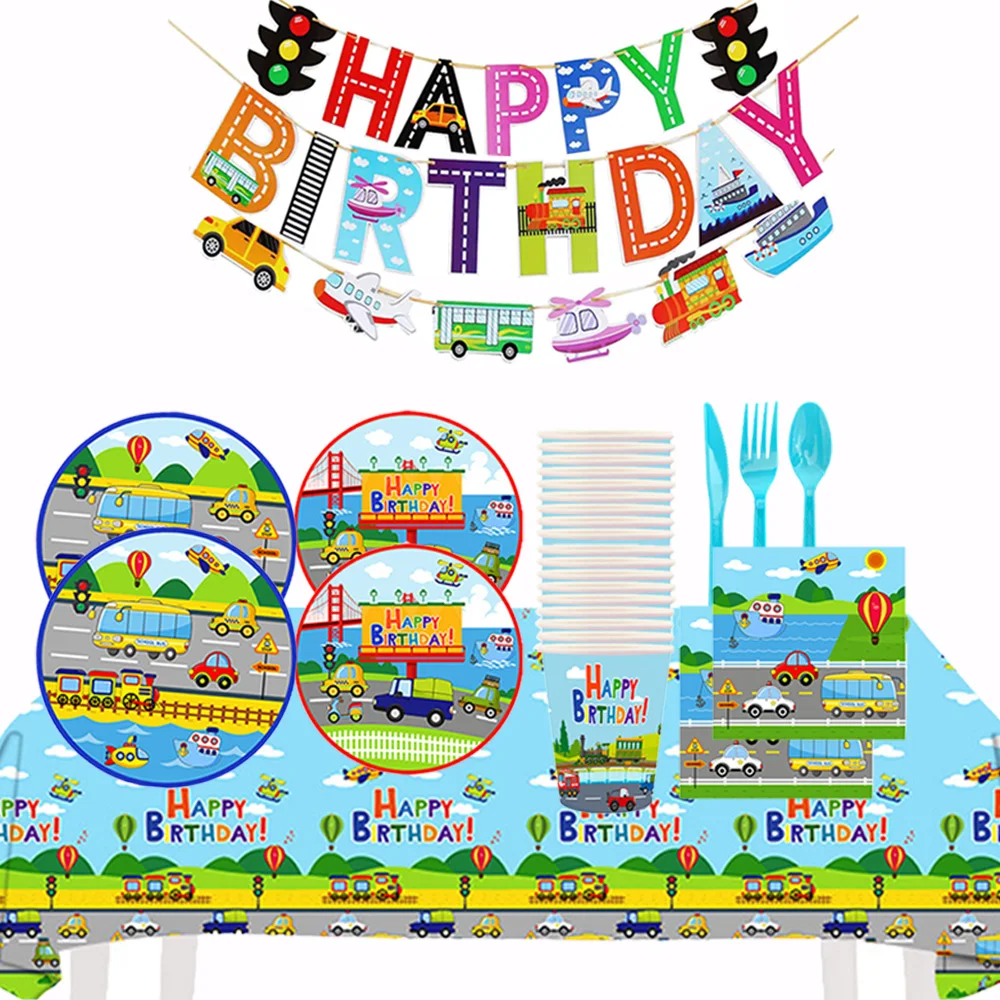 Transportation Birthday Baby Showe Supplies Tableware Banners Tablecloths Plaques Construction Vehicles Themed Decorations