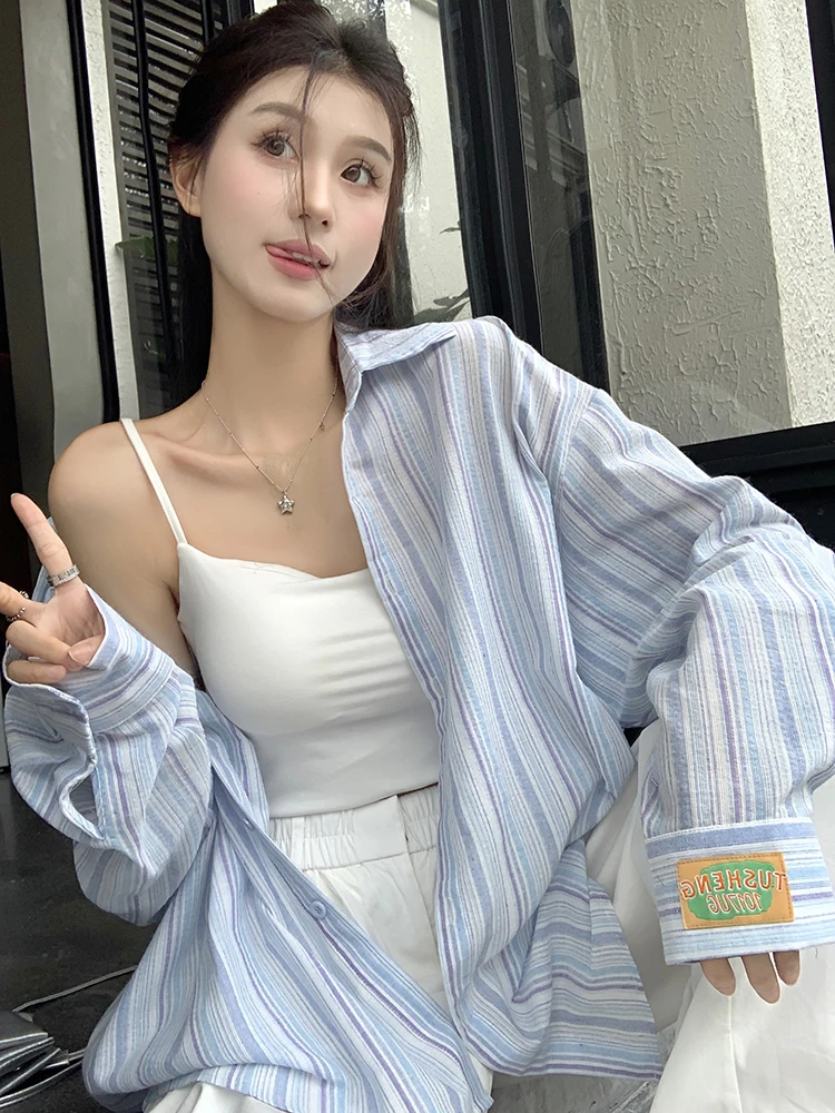 Zoki Sweet Striped Loose Shirt Women Long Sleeve Elegant Korean Blouse Fall New Vintage Oversize Lazy Wind Casual Retro Tops