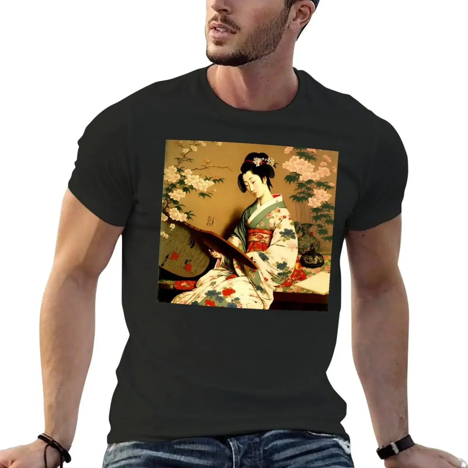 Japanese Geisha in Kimono - Vintage Poster Wall Art with Floral Design T-Shirt man t shirt anime stuff mens shirts graphic tee