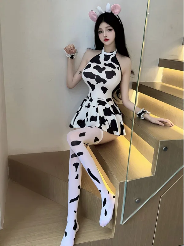 Exotic Summer Fashion Women\'s new Clothing Hanging Neck Black and White Cow Print Sweet and Cute Girl Style Elegant Dress 7V0Z