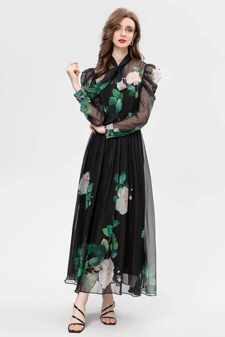 

Autumn Fashion Designer Vintage Floral Print Dress Women Lantern Sleeve Bow Frenulum High Waist Slim A Line Long Dress