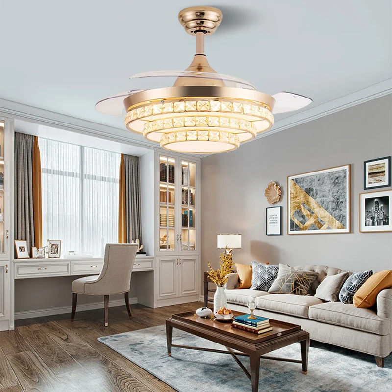 Living Room Crystal Fan Light European Luxury Home Decro Dining Room Ceiling Fan Lamp Intelligent DC Fan Chandelier