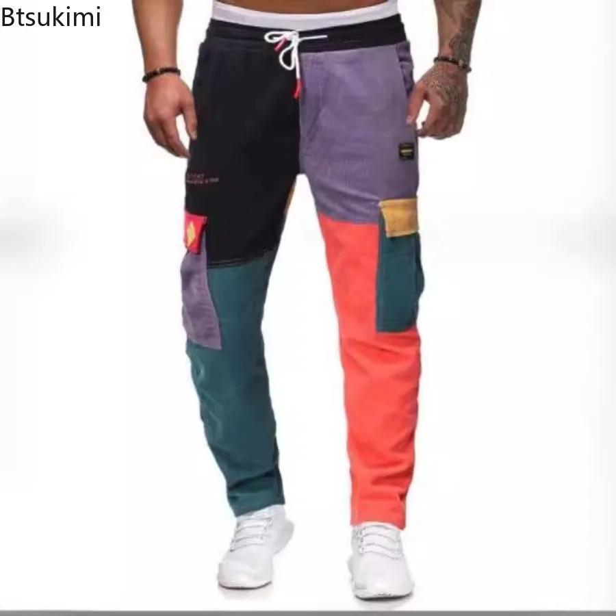 

Streetwear Men's Pants Spring Summer Vintage Patchwork Pockets Cargo Pant Fashion Drawstring Tie-up Elastic Waist Men Trouser