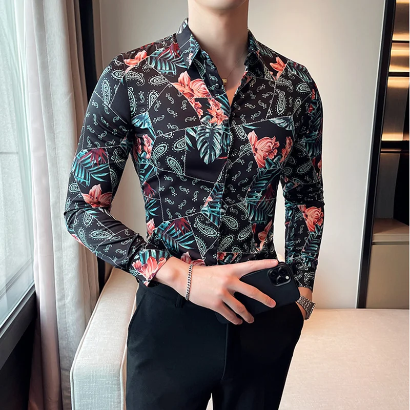 

Plus Size 4XL-M High Quality Printed Shirts Brand Clothing Men Designer Social Tuxedo Slim Long Sleeve Baroque Slim Party Shirt