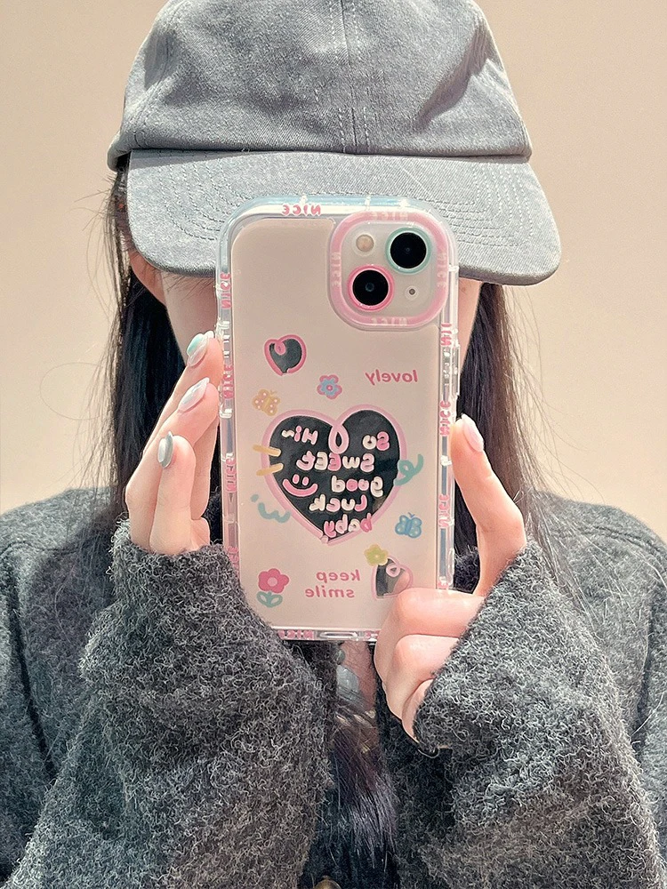 Sweet Heart Good Luck Mirror Hard Case For iPhone 15 Pro Max 16 14 13 11 12 Soft Bumper Phone Cover