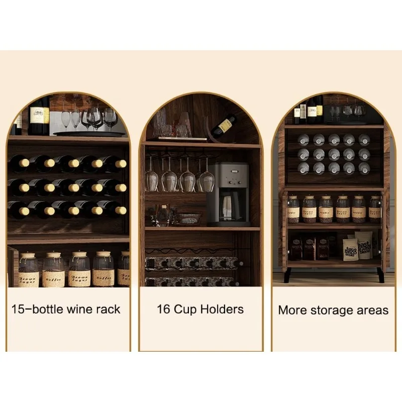 Farmhouse Arched Wine Bar Cabinet with 15 Bottle Rack and 16 Glass Holder Tall Liquor Storage Display for Living Room Dining
