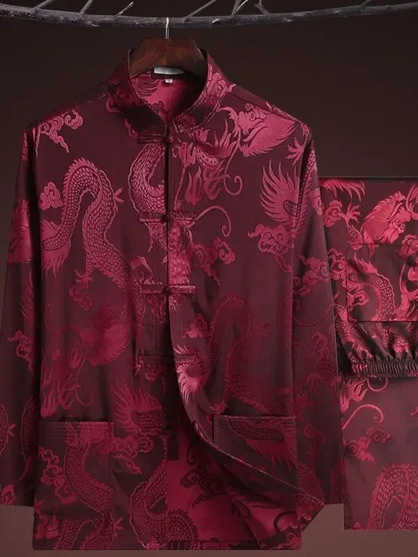 Kaus gaya Tiongkok tradisional blus bordir naga Hanfu Tang setelan kaus Kung Fu atasan jaket mantel Tahun Baru Cheongsam