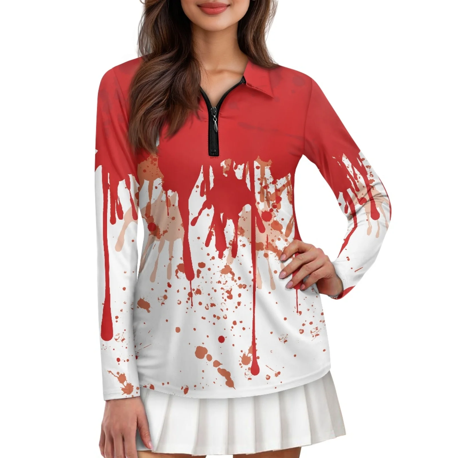 PENSTROLL Red White Splatter Womens Machine Washable Pullover Polo Tops Quarter Zip Activewear Top for Jogging