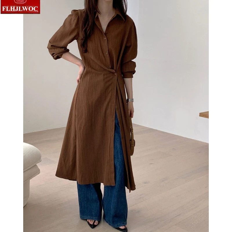 ゆったりとしたローブドレス、シックな韓国風、フェミニンなワンピース、女性用長袖カジュアルレトロヴィンテージ、ラップアップボタンシャツドレス