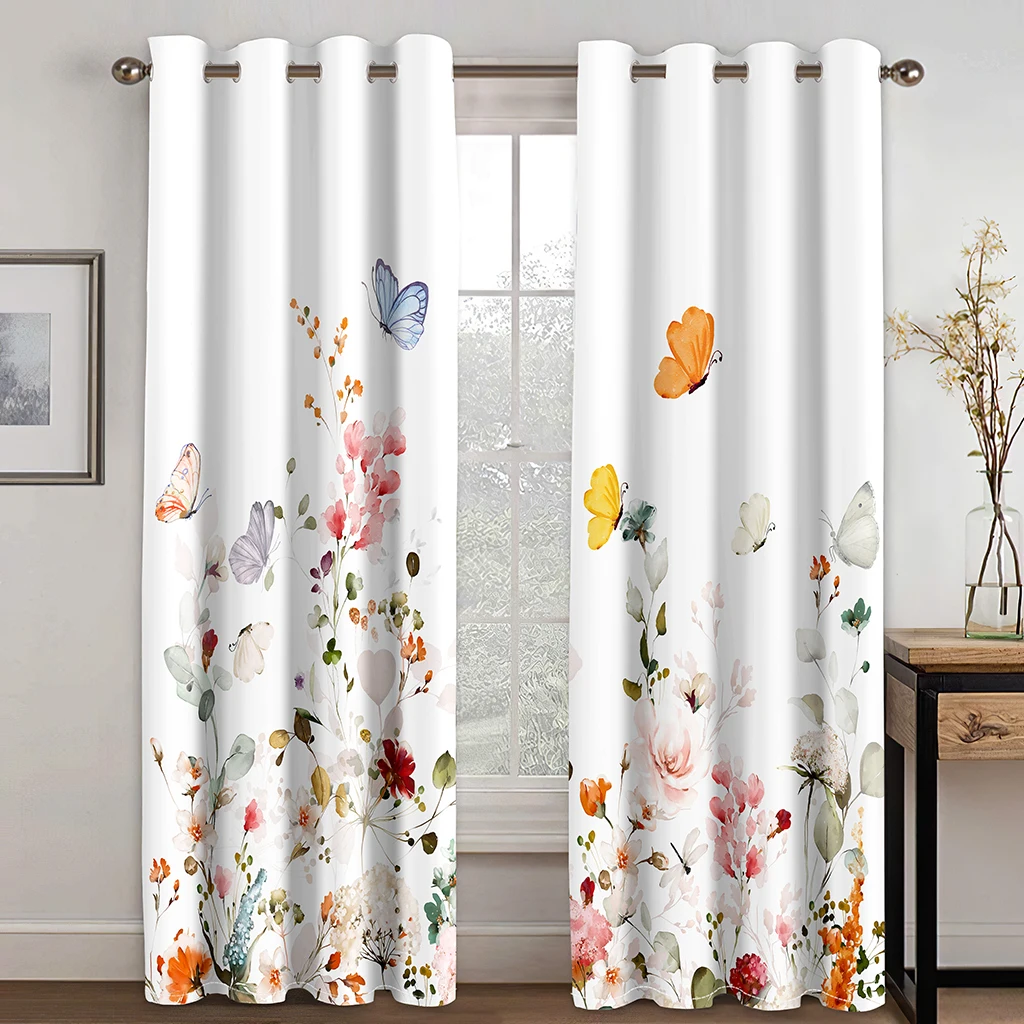 2pcs Beautiful Flower Butterfly Printed Curtains Grommet Top Hook Curtain For Restaurants  Living Room Bedroom Offices Room